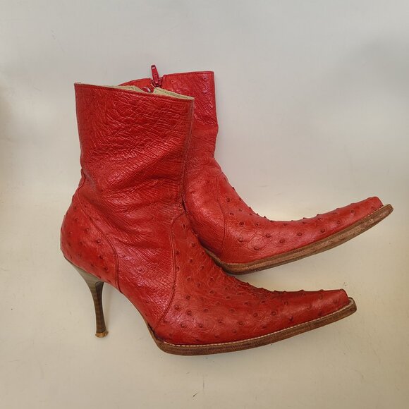 Vtg Goss Red Leather Ostrich Boots 6 Stiletto Pointed Toe Western Witchy Cowboy - Picture 1 of 16